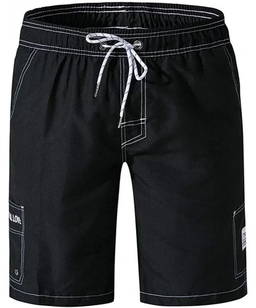 Board Shorts Quick Dry Swim Trunks Solid Color Beach Plus Size Board Shorts Big and Tall Swimming Trunks - Black - CZ19CQG9S85