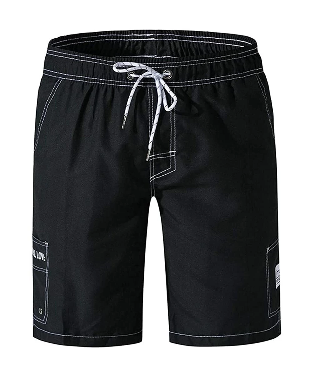 Board Shorts Quick Dry Swim Trunks Solid Color Beach Plus Size Board Shorts Big and Tall Swimming Trunks - Black - CZ19CQG9S85