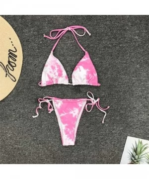 Sets Women's Tie Bikini Set Dye Cinched Triangle 2 Piece Swimsuit Padded Top Low Waisted Tie Side Bottom - Pink - CE198DXQLYH