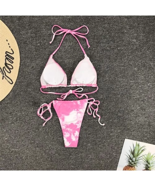 Sets Women's Tie Bikini Set Dye Cinched Triangle 2 Piece Swimsuit Padded Top Low Waisted Tie Side Bottom - Pink - CE198DXQLYH