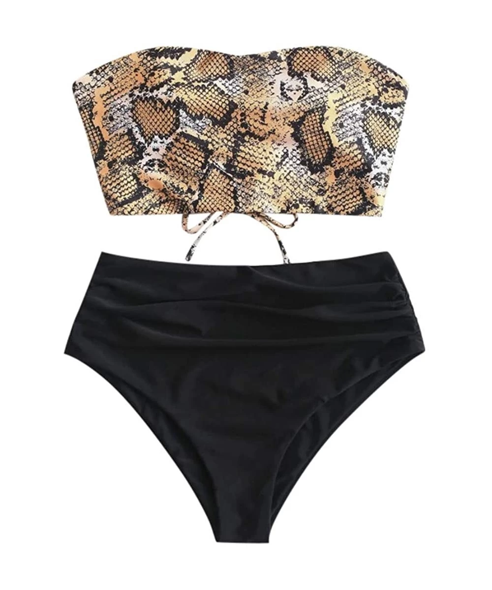 Sets Women Sexy Snakeskin Bandeau Tummy Control Tankini Swimsuit Bikini Beachwear - Gold - C8194W5IQDR