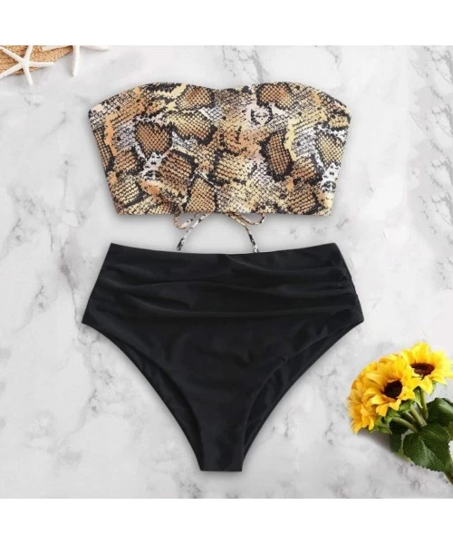 Sets Women Sexy Snakeskin Bandeau Tummy Control Tankini Swimsuit Bikini Beachwear - Gold - C8194W5IQDR