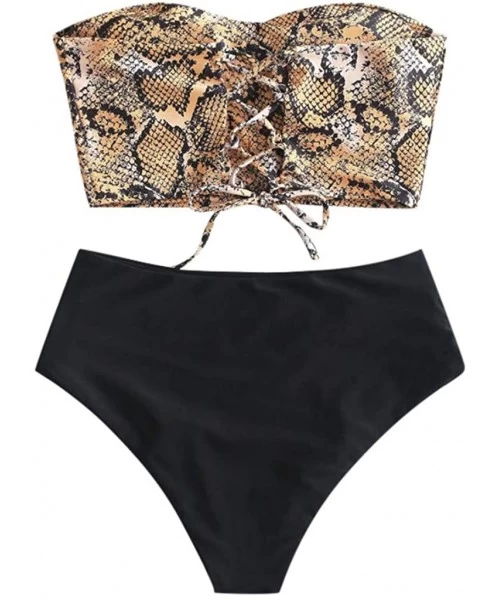 Sets Women Sexy Snakeskin Bandeau Tummy Control Tankini Swimsuit Bikini Beachwear - Gold - C8194W5IQDR