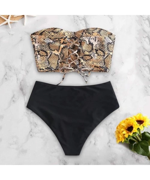 Sets Women Sexy Snakeskin Bandeau Tummy Control Tankini Swimsuit Bikini Beachwear - Gold - C8194W5IQDR