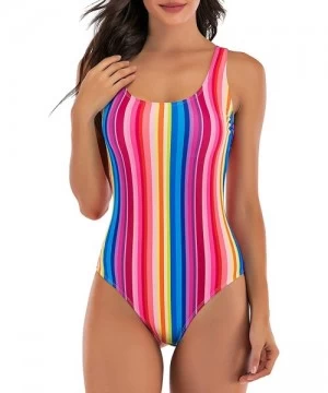 One-Pieces Womens Tribal Printed Plus Size One Piece Swimsuits Bandeau Slimming Control Athletic Bathing Suit Rainbow stripe ...