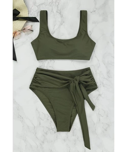 Sets Women's Crop Top High Waisted Cheeky Bikini Set Two Piece Swimsuits - 06 - Army Green - C1199L9H72G