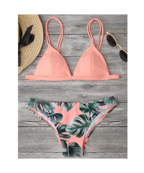 Bottoms Swimsuit Set for Women Leaves Print Padded Bathing Suits Straps Push-Up Bikini - Pink - CX1952W6WNZ