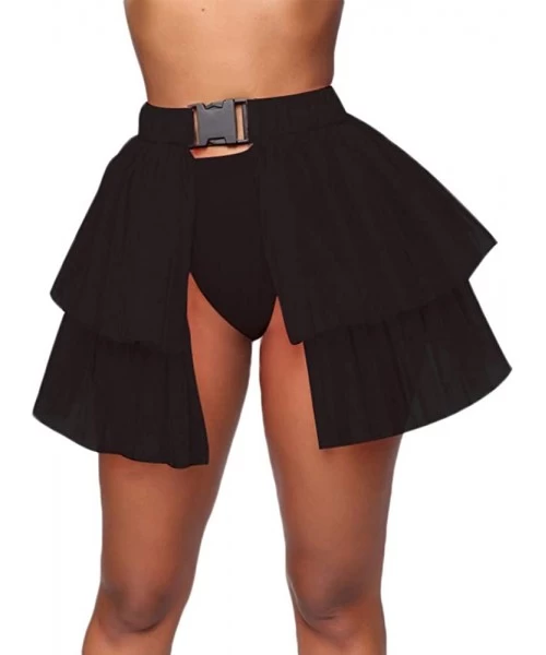 Cover-Ups Women Tiered Layered Mesh Skirt Cover Up Buckle Tulle Tutu A-line Skirt Bikini Bottom Cover-ups - Short Black - C51...