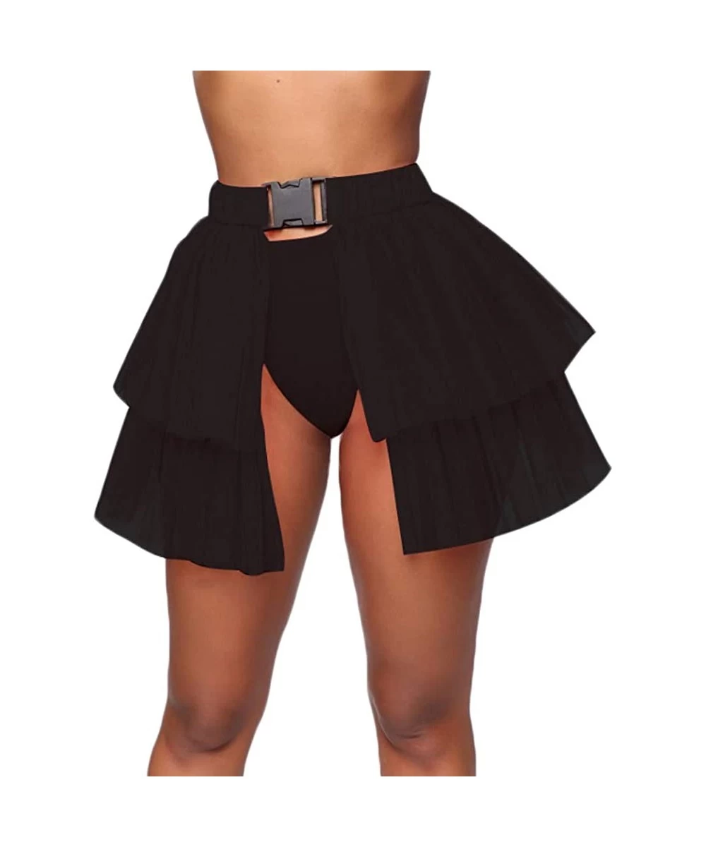 Cover-Ups Women Tiered Layered Mesh Skirt Cover Up Buckle Tulle Tutu A-line Skirt Bikini Bottom Cover-ups - Short Black - C51...