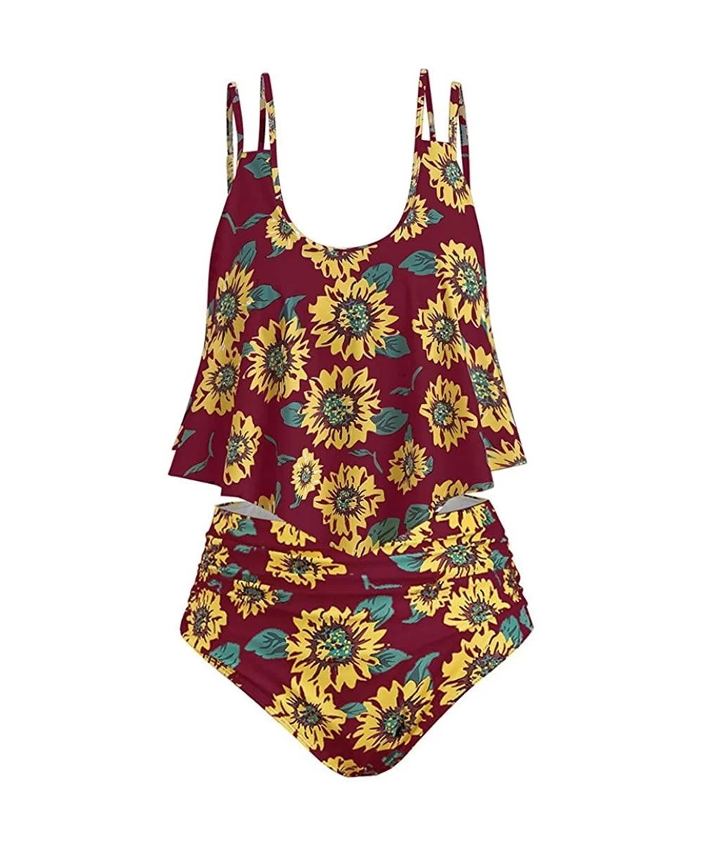 Sets Bikini Swimsuit for Women Two Pieces Bathing Suits Top Ruffled with High Waisted Bottom Vintage Print Bikini Set Wine B ...