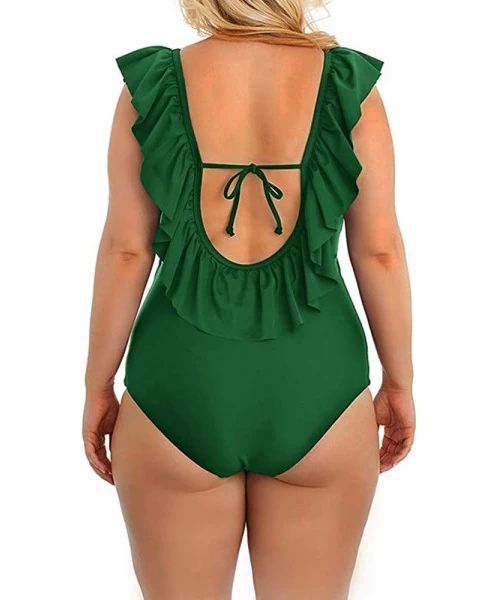 One-Pieces Womens V-Neck One Piece Swimsuits Plus Size Ruffle Sexy Backless Tummy Control Bathing Suits - Green - C318ROWU7T4