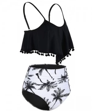 Sets Women's High Waist Bikini Crop Flounce Two Piece Swimsuits Flowy Bathing Suit - Black With Leaves - CB19CA9MES5