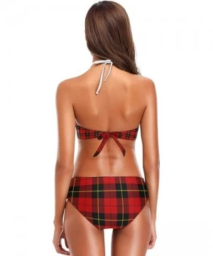 Sets London Pattern with Union Jack Flag Bikini Swimsuit Womens High Neck Halter Two Piece Bathing Suit - Buffalo Plaid Patte...