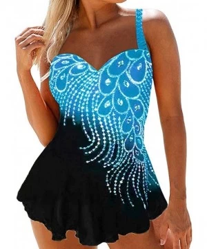 Sets Peacock Feather Print Tankini Swimsuits for Women Tummy Control Loose Swimdress Set Skirted Bathing Suit Sky Blue - CT19...