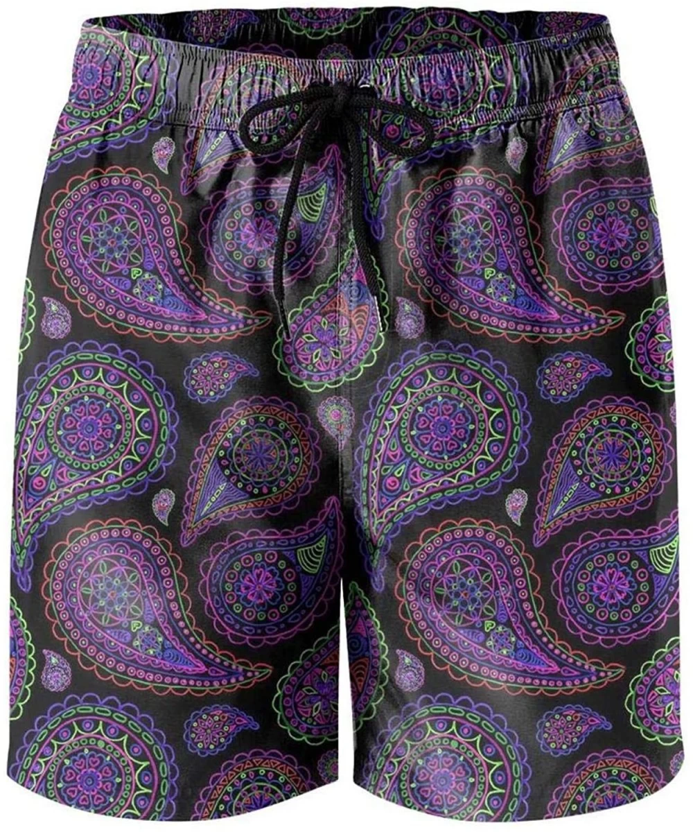 Board Shorts Men Swimming Trunks Paisley Black and White Pattern Knee Quick Dry Beach Shorts S-3XL - Paisley Pattern Fluoresc...