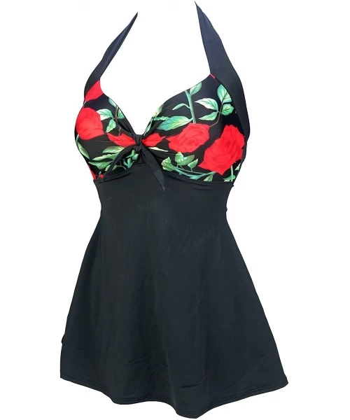 One-Pieces Vintage Sailor Pin Up Swimsuit Retro One Piece Skirtini Cover Up Swimdress(FBA) - Rose Black - CW18CU784YY