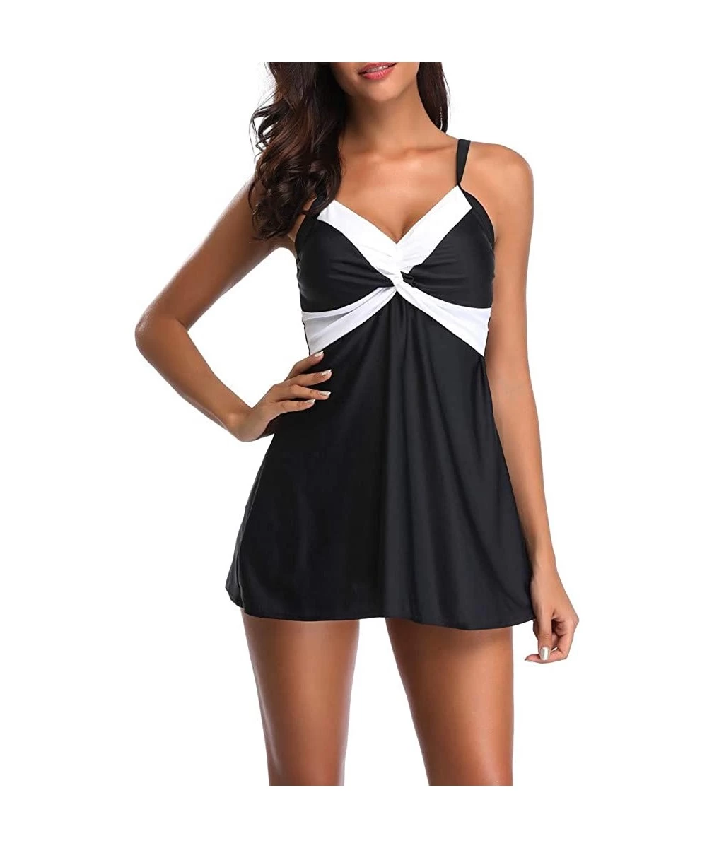 Racing Women's Two Pieces Ruched Tankini Set Flyaway Top with Triangle Brief Bottom Swimsuit - Black - CB18N6MLXGZ