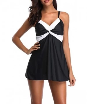 Racing Women's Two Pieces Ruched Tankini Set Flyaway Top with Triangle Brief Bottom Swimsuit - Black - CB18N6MLXGZ