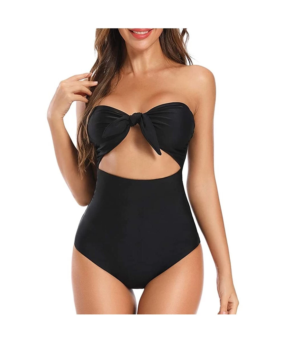 One-Pieces Women's Bow Front Cut Out Swimsuit High Waisted One Piece Bathing Suit Monokini - Black - CR18S9OMAKG