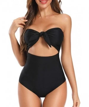 One-Pieces Women's Bow Front Cut Out Swimsuit High Waisted One Piece Bathing Suit Monokini - Black - CR18S9OMAKG