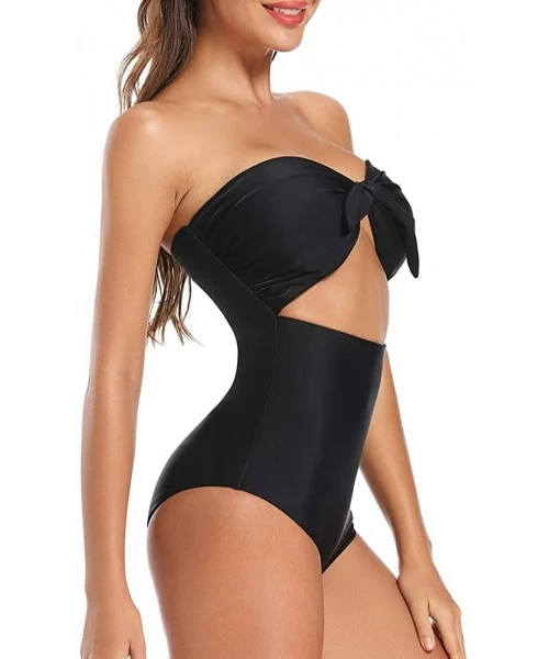 One-Pieces Women's Bow Front Cut Out Swimsuit High Waisted One Piece Bathing Suit Monokini - Black - CR18S9OMAKG