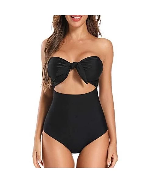 One-Pieces Women's Bow Front Cut Out Swimsuit High Waisted One Piece Bathing Suit Monokini - Black - CR18S9OMAKG