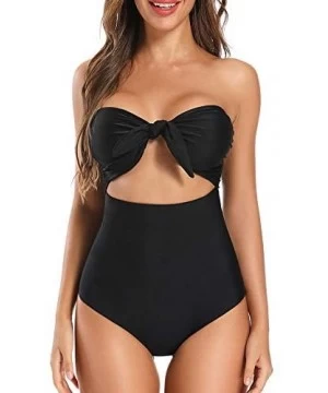 One-Pieces Women's Bow Front Cut Out Swimsuit High Waisted One Piece Bathing Suit Monokini - Black - CR18S9OMAKG