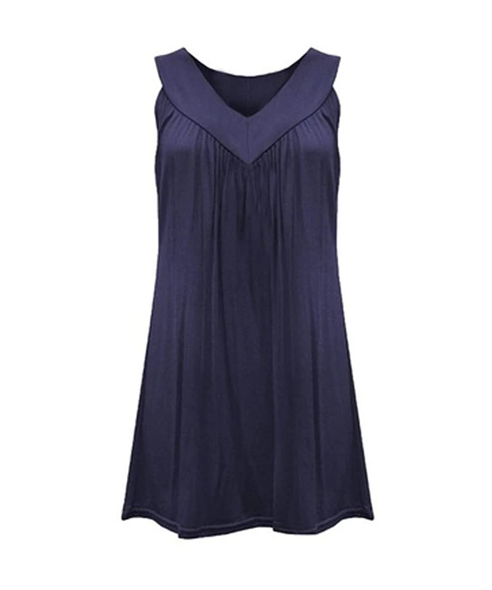 Cover-Ups Summer Casual V Neck T Shirt Dresses Beach Cover up Loose Sleeveless Plain Tank Dress - Navy - CR194X3DHTW