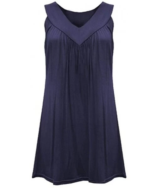 Cover-Ups Summer Casual V Neck T Shirt Dresses Beach Cover up Loose Sleeveless Plain Tank Dress - Navy - CR194X3DHTW