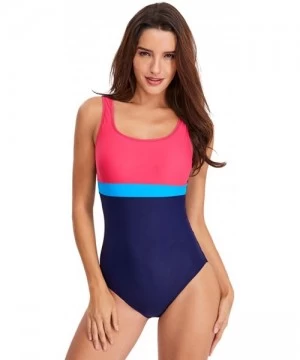 One-Pieces Women's Athletic One-Piece Swimsuits Racing Water Exercises Bathing Suit - Blue+pink Strip - CQ196SSYTGM