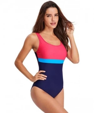 One-Pieces Women's Athletic One-Piece Swimsuits Racing Water Exercises Bathing Suit - Blue+pink Strip - CQ196SSYTGM