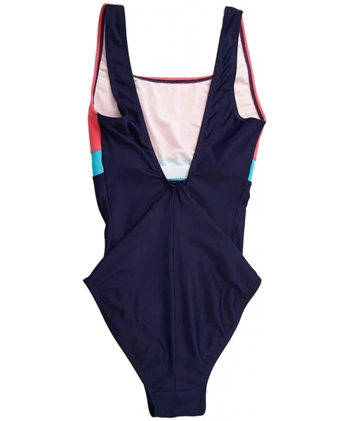 One-Pieces Women's Athletic One-Piece Swimsuits Racing Water Exercises Bathing Suit - Blue+pink Strip - CQ196SSYTGM