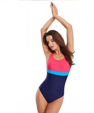 One-Pieces Women's Athletic One-Piece Swimsuits Racing Water Exercises Bathing Suit - Blue+pink Strip - CQ196SSYTGM