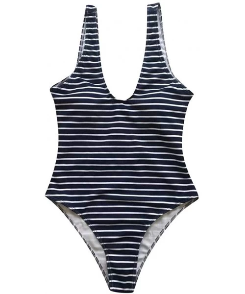 One-Pieces Womens Fashion Zip Front Swimsuit Striped Printed One Piece Swimwear Conservative Monokini - Navy 2 - CY194OZKYDN