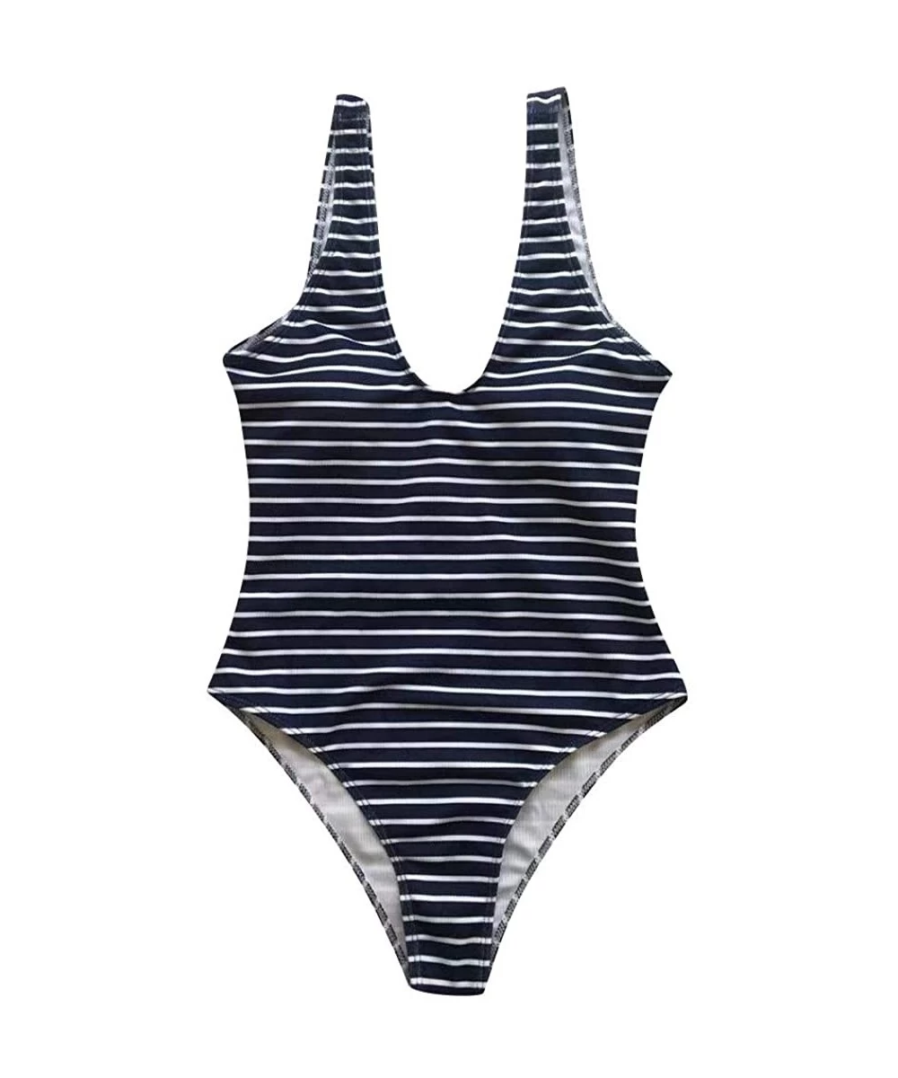 One-Pieces Womens Fashion Zip Front Swimsuit Striped Printed One Piece Swimwear Conservative Monokini - Navy 2 - CY194OZKYDN