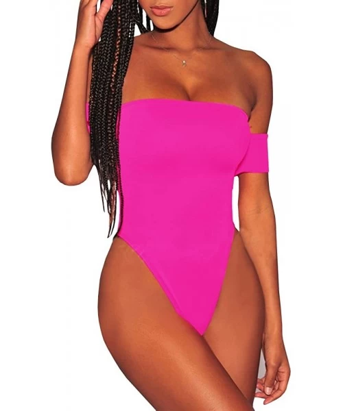 One-Pieces Womens Off Shoulder One Piece Swimsuit High Cut Lace Up Monokini Sexy Bathing Suit - Pink - CE18QEQ4N39