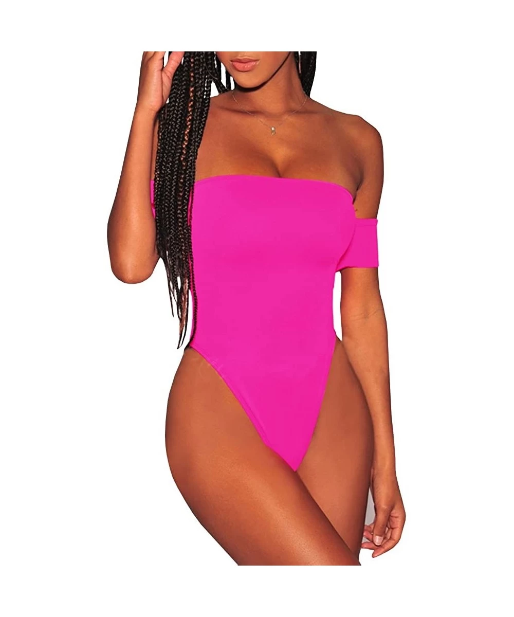 One-Pieces Womens Off Shoulder One Piece Swimsuit High Cut Lace Up Monokini Sexy Bathing Suit - Pink - CE18QEQ4N39