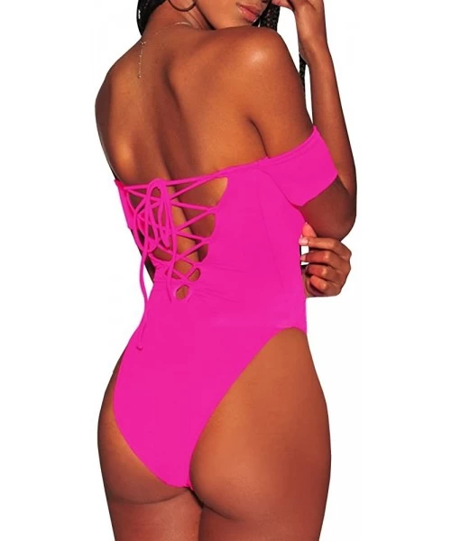 One-Pieces Womens Off Shoulder One Piece Swimsuit High Cut Lace Up Monokini Sexy Bathing Suit - Pink - CE18QEQ4N39