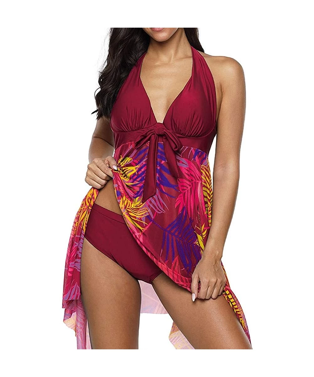 Sets Swimsuits for Women Tankini Set Tummy Control Plus Size Swimsuit Two Piece Bathing Suits Mesh Printed Tankini Wine - C81...