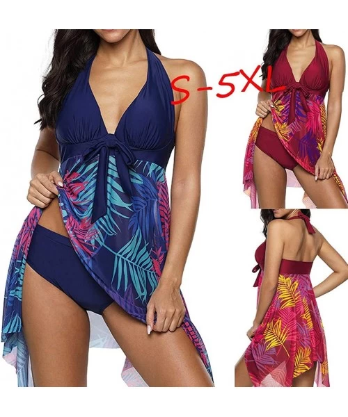 Sets Swimsuits for Women Tankini Set Tummy Control Plus Size Swimsuit Two Piece Bathing Suits Mesh Printed Tankini Wine - C81...