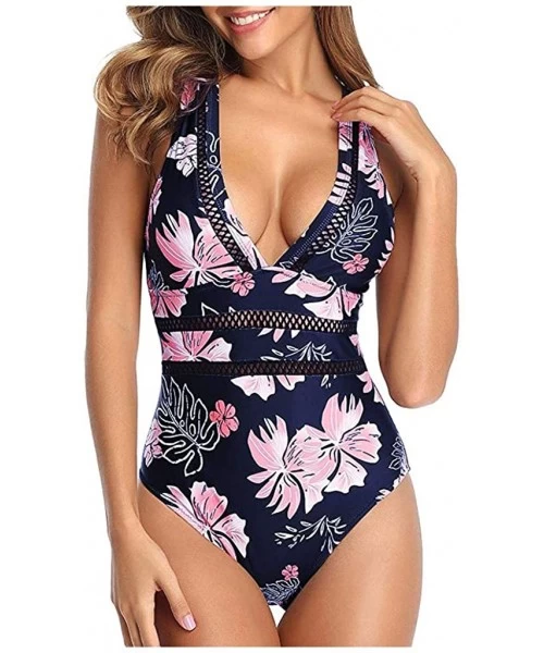 Bottoms Women One Piece Swimsuit High Neck Plunge Mesh Ruched Monokini Swimwear - B-pink - C91947S4HIE