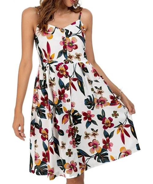 Cover-Ups Women's Casual Summer Empire Waist Swing Dresses Solid/Floral Print Boho Dress with Pockets - White-2 - C119993H23D