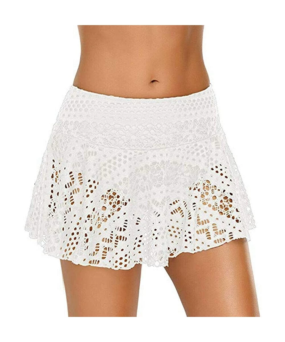 Tankinis Women's Lace Crochet Skirted Bikini Bottom Swimsuit Short Skort Swimdress - White - CX1987DT92M