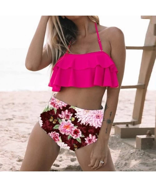 Tankinis Swimsuit for Women Two Pieces Top Ruffled Backless Racerback with High Waisted Bottom Tankini Set - O-hot Pink - CC1...