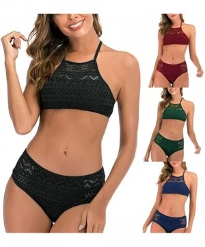 Sets Women's Two Pieces Swimsuit Crochet Lace V Neck Cut Out Plus Size Swimwear Girls Bikini Set High Waist - Black-2 - C3194...