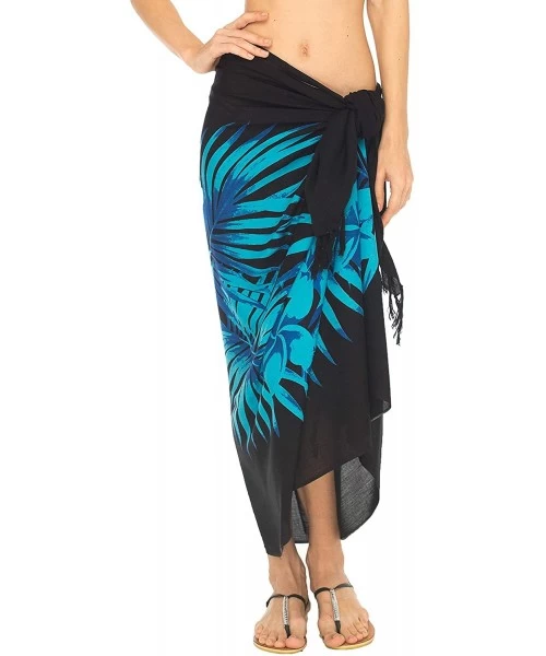 Cover-Ups Womens Beach Swimsuit Cover Up Palm Tree Sarong Wrap with Coconut Clip - Black/Turquoise - CN18EESHUAS