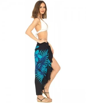 Cover-Ups Womens Beach Swimsuit Cover Up Palm Tree Sarong Wrap with Coconut Clip - Black/Turquoise - CN18EESHUAS