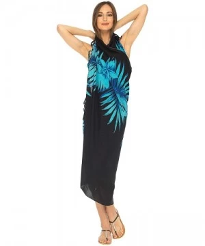 Cover-Ups Womens Beach Swimsuit Cover Up Palm Tree Sarong Wrap with Coconut Clip - Black/Turquoise - CN18EESHUAS