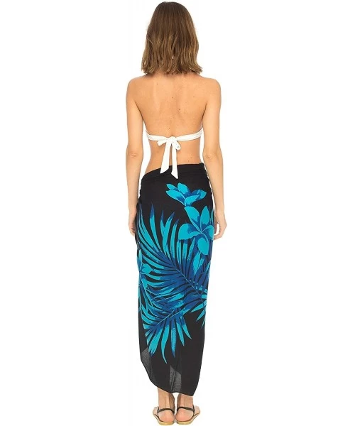 Cover-Ups Womens Beach Swimsuit Cover Up Palm Tree Sarong Wrap with Coconut Clip - Black/Turquoise - CN18EESHUAS