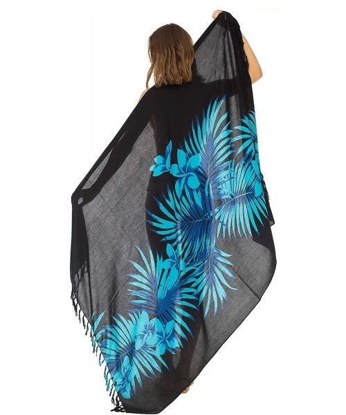 Cover-Ups Womens Beach Swimsuit Cover Up Palm Tree Sarong Wrap with Coconut Clip - Black/Turquoise - CN18EESHUAS